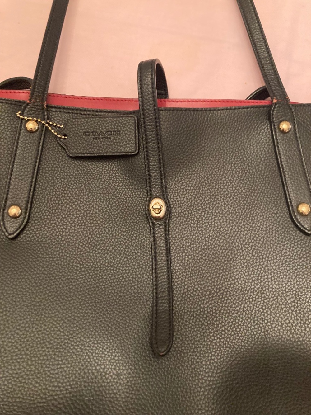 COACH Market Tote – Black Pebbled Leather Red Interior Gold Turnlock